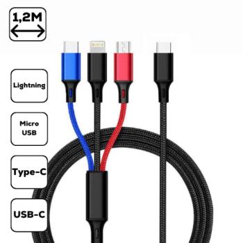 3-in-1 töltőkábel,micro USB+Type-c+lightning,1.2 m kép