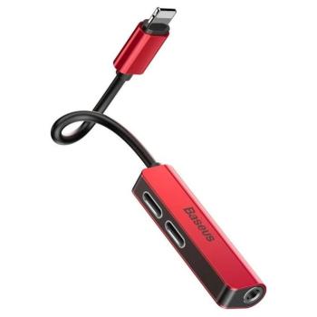 3in1 audio / HF adapter, iPhone 8pin - 2X iPhone 8pin / 3,5mm jack, piros-fekete, Baseus CALL52-91 kép
