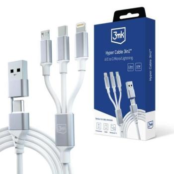 3mk Hyper Cable 3-az-1-ben USB kábel USB-A/Type-C - Type-C/microUSB/Lightning 1.5m 12W fehér kép