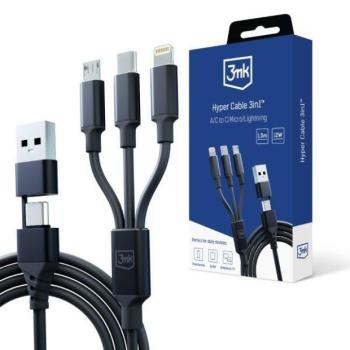 3mk Hyper Cable 3-az-1-ben USB kábel USB-A/Type-C - Type-C/microUSB/Lightning 1.5m 12W fekete kép
