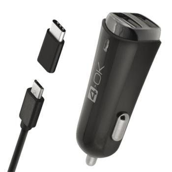 4-OK autós töltő 2 USB aljzat (5V / 3400mA + Type-C adapter + microUSB kábel) FEKETE Evolveo Strongphone Q5, Vodafone Smart turbo 7 (VFD500), Blackberry DTEK50 , HTC Desire 825, HTC One S9, Alcate kép