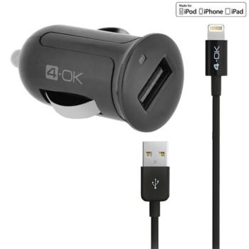 4-OK autós töltő USB aljzat (5V / 2400mA, MFi Apple engedélyes, IPCMB5 utódja + lightning 8pin kábel) FEKETE Apple iPhone 7 4.7, Apple iPhone 7 Plus 5.5, Apple IPAD mini 4, Apple IPAD Pro 12.9 ( kép