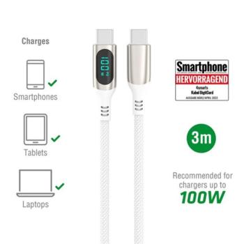 4smarts DigitCord USB / USB-C töltő- és adatkábel, 100W, 3m, fehér kép