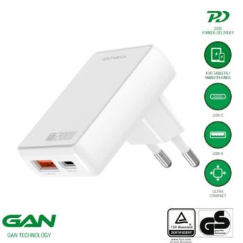 4smarts FlatPlug Duos hálózati töltő adapter USB-C-USB-A, 20W, GaN 1C+1A, fehér kép