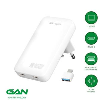 4smarts FlatPlug Slim Dual USB-C hálózati adapter, 45W GaN, fehér kép