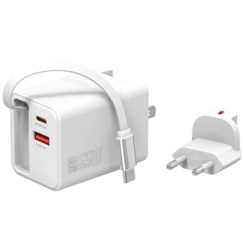 4smarts Flex Jojo hálózati töltő adapter USB-C-USB-A, beépített kihúzható USB-C kábellel, utazáshoz, 65W, fehér kép