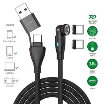4smarts GravityCord USB-C-USB-A 540 fokos mágneses adatkábel, 100W, 1,8m, fekete kép