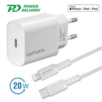4smarts hálózati gyorstöltő adapter USB-C QC 3.0 + 1.5m Lightning kábel, MFi tanúsítvánnyal, 20W, fehér kép