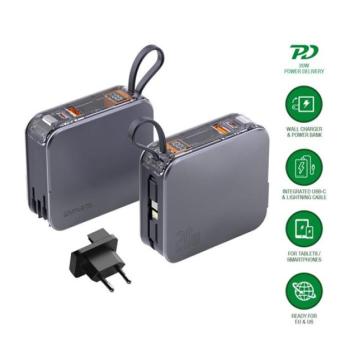 4smarts Lucid 3in1 Power Bank USB-C-USB-A, beépített USB-C-Lightning kábellel, kijelzővel, US adapterrel, ezüst kép