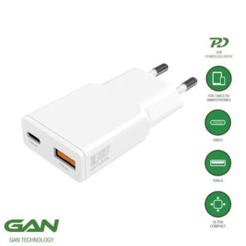 4smarts PDPlug Duos Slim USB-C-USB-A hálózati adapter 30W,GaN, 1A, fehér kép