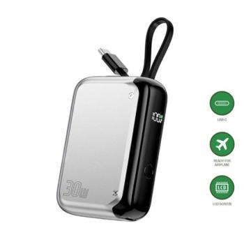 4smarts Power bank / külső akkumulátor beépített USB-C kábellel, digitális kijelzővel, 10000mAh, 30W, ezüst kép