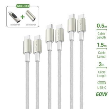 4smarts PremiumCord USB-C töltő- és adatkábel szett adapterrel, átalakítóval, 60W, 0.5+1.5+3M, fehér / ezüst kép
