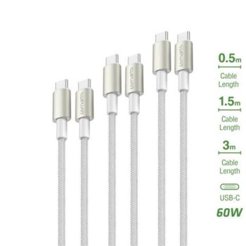 4smarts PremiumCord USB-C / USB-C töltő- és adatkábel szett, 60W, 3x0.5M+1.5M+3M, fehér / ezüst kép