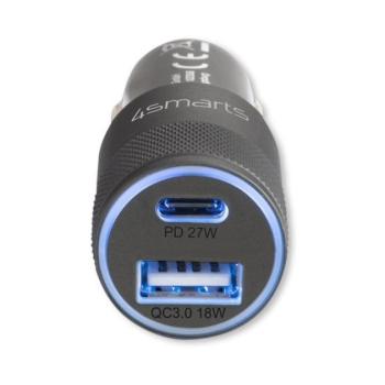 4smarts Rapid+ autós szivargyújtó gyorstöltő, USB-C + USB, PD, 27W, szürke kép