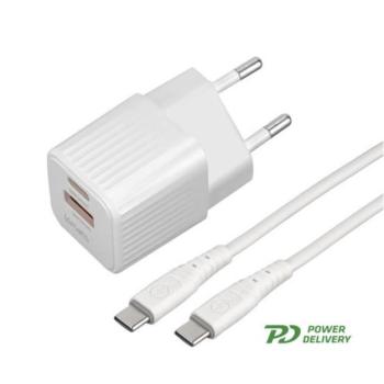 4smarts VoltPlug Duos hálózati gyorstöltő adapter, USB-A+ USB-C + USB-C kábel 1,5m, 20W, fehér kép