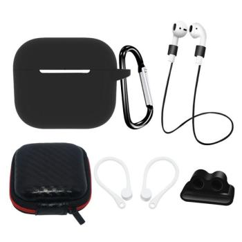 AirPods 3 SILICONE Case szett + tok/fülhorog/nyakpánt/óraszíj tartó/karabineres csat | fekete kép