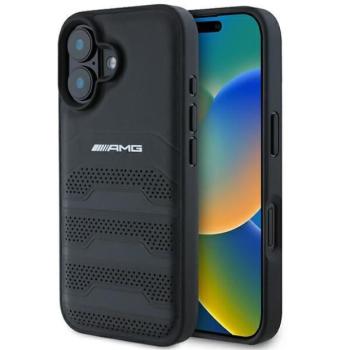 AMG AMHCP16SGSEBK Leather Debossed Lines Black Logo keménytok iPhone 16 - fekete kép