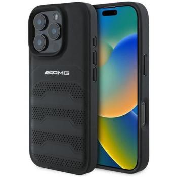 AMG AMHCP16XGSEBK Leather Debossed Lines Black Logo keménytok iPhone 16 Pro Max - fekete kép