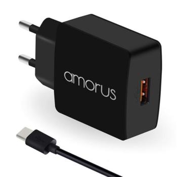 AMORUS K6 hálózati töltő USB aljzat (5V / 3000mA, PD gyorstöltés támogatás + Type-C kábel) FEKETE Asus Zenfone 3 5.5 (ZE552KL), Honor 8, Sony Xperia X Compact (F5321), Sony Xperia XZ (F8331), kép