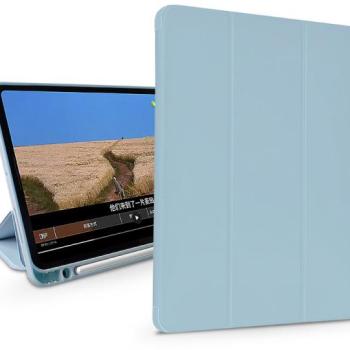 Apple iPad 10.2 (2019/2020/2021) tablet tok (Smart Case) on/off funkcióval, Apple Pencil tartóval, mágneses töltővel - Devia Leather Case With Pencil Slot -kék kép