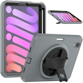 Apple iPad Mini 6 (2021) (8.3&quot;) hátlap tok, ütésálló tok, kitámasztható, kéz / nyak pánttal, szürke kép