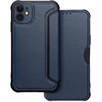 Apple iPhone 11, Oldalra nyíló tok, légpárnás sarok, bőrhatású, karbon minta, Razor Book, kék kép