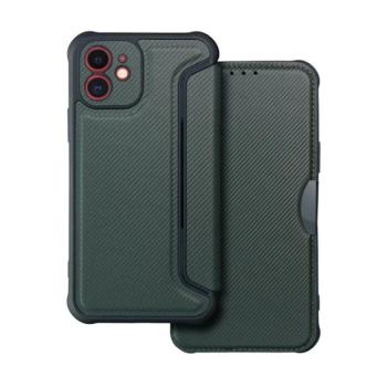 Apple iPhone 11, Oldalra nyíló tok, légpárnás sarok, bőrhatású, karbon minta, Razor Book, zöld kép
