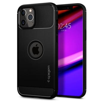 Apple iPhone 12 / 12 Pro, Szilikon tok, Spigen Rugged Armor, karbon minta, fekete kép