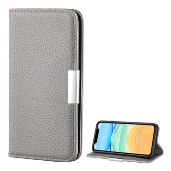 Apple iPhone 12 Mini, Oldalra nyíló tok, bőrhatású, stand, elegáns fémcsat, mágneses, szürke kép