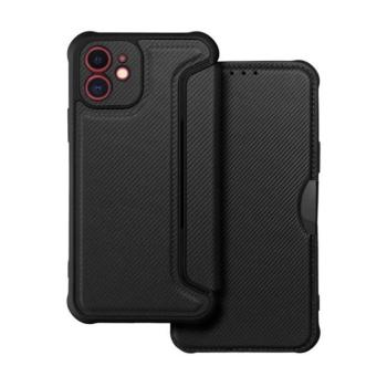 Apple iPhone 12, Oldalra nyíló tok, légpárnás sarok, bőrhatású, karbon minta, Razor Book, fekete kép