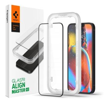 Apple iPhone 13 / 13 Pro / 14 / 16e, Kijelzővédő fólia, ütésálló fólia (az íves részre is!), Tempered Glass (edzett üveg), Full Cover, Spigen Glastr Alignmaster HD, fekete kép