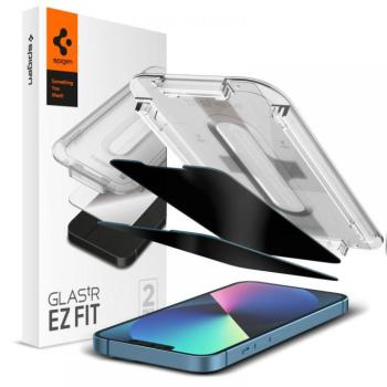 Apple iPhone 13 / 13 Pro / 14 / 16e, Kijelzővédő fólia, ütésálló fólia (az íves részre is!), Tempered Glass (edzett üveg), Spigen Ez Fit Privacy, Clear, 2 db / csomag kép
