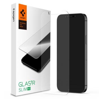 Apple iPhone 13 / 13 Pro / 14 / 16e, Kijelzővédő fólia, ütésálló fólia (az íves részre is!), Tempered Glass (edzett üveg), Spigen Glastr Slim HD, Clear kép