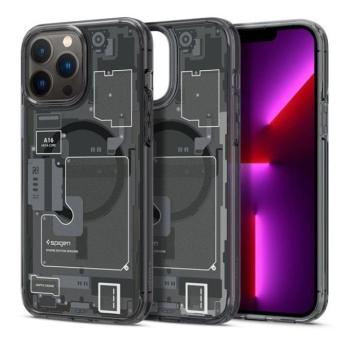 Apple iPhone 13 Pro Max, Műanyag hátlap védőtok + szilikon keret, Magsafe töltővel kompatibilis, iPhone belső minta, Spigen Ultra Hybrid Zero One Mag, átlátszó/füst kép