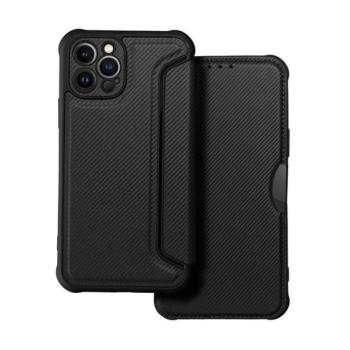 Apple iPhone 13 Pro Max, Oldalra nyíló tok, légpárnás sarok, bőrhatású, karbon minta, Razor Book, fekete kép