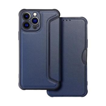 Apple iPhone 13 Pro Max, Oldalra nyíló tok, légpárnás sarok, bőrhatású, karbon minta, Razor Book, kék kép