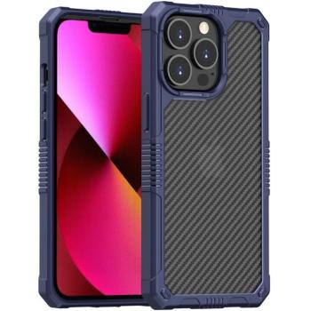 Apple iPhone 13 Pro Max, Szilikon keret + műanyag hátlap tok, közepesen ütésálló, légpárnás sarok, karbon minta, átlátszó/kék kép