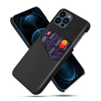 Apple iPhone 13 Pro, Műanyag hátlap védőtok, közepesen ütésálló, textil bevonat, bőrhatású hátlap, kártyatartóval, fekete kép