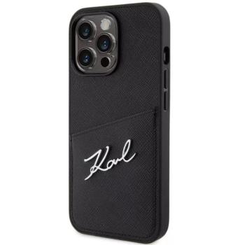 Apple iPhone 13 Pro, Műanyag hátlap védőtok + szilikon keret, bőrhatású hátlap, kártyatartóval, Karl Lagerfeld Saffiano Metal Signature Cardslot, fekete kép