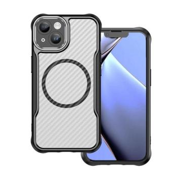 Apple iPhone 13, Szilikon tok, közepesen ütésálló, légpárnás sarok, kameravédő keret, Magsafe töltővel kompatibilis, karbon minta, fekete kép