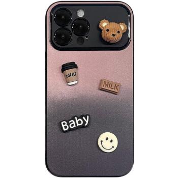 Apple iPhone 13, Szilikon tok, színátmenetes, 3D maci, kávé, smile minta, Teddy Bear Coffee Case, rózsaszín/fekete kép