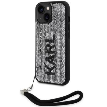 Apple iPhone 14, Műanyag hátlap védőtok + szilikon keret, színváltós hátlap, kézpánttal, Karl minta, Karl Lagerfeld Sequins Reversible, ezüst/fekete kép