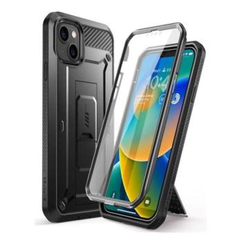 Apple iPhone 14 Plus, Műanyag hátlap védőtok + képernyővédő, közepesen ütésálló, telefontartó gyűrű, kitámasztóval, övre fűzhető, SupCase Unicorn Beetle Pro, fekete kép