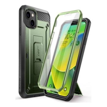 Apple iPhone 14 Plus, Műanyag hátlap védőtok + képernyővédő, közepesen ütésálló, telefontartó gyűrű, kitámasztóval, övre fűzhető, SupCase Unicorn Beetle Pro, sötétzöld kép