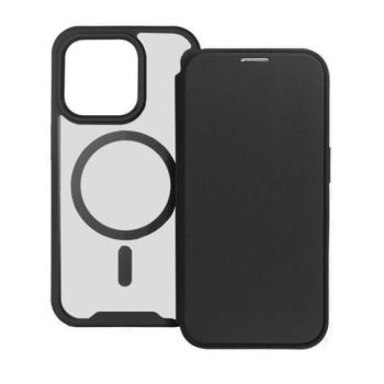 Apple iPhone 14 Plus, Oldalra nyíló tok, kártyatartóval, átlátszó hátlap, Magsafe kompatibilis, Smart Mag, fekete kép