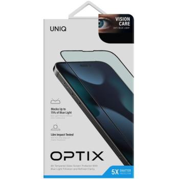 Apple iPhone 14 Pro Max, Kijelzővédő fólia, ütésálló fólia (az íves részre is!), Tempered Glass (edzett üveg), Anti Blue Ray, Uniq Optix VisionCare, fekete kép