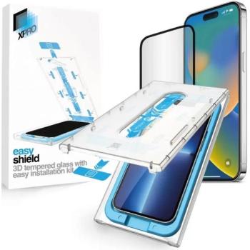 Apple iPhone 14 Pro Max, Kijelzővédő fólia, ütésálló fólia (az íves részre is!), Tempered Glass (edzett üveg), felhelyező készlettel, Xprotector Eady Shield 3D, fekete kép