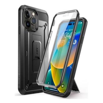 Apple iPhone 14 Pro, Műanyag hátlap védőtok + képernyővédő, közepesen ütésálló, telefontartó gyűrű, kitámasztóval, övre fűzhető, SupCase Unicorn Beetle Pro, fekete kép