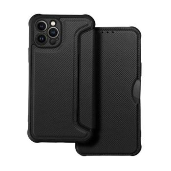 Apple iPhone 14 Pro, Oldalra nyíló tok, légpárnás sarok, bőrhatású, karbon minta, Razor Book, fekete kép