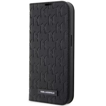 Apple iPhone 14 Pro, Oldalra nyíló tok, stand, kártyatartóval, 3D monogram minta, Karl Lagerfeld Saffiano Monogram Book, fekete kép